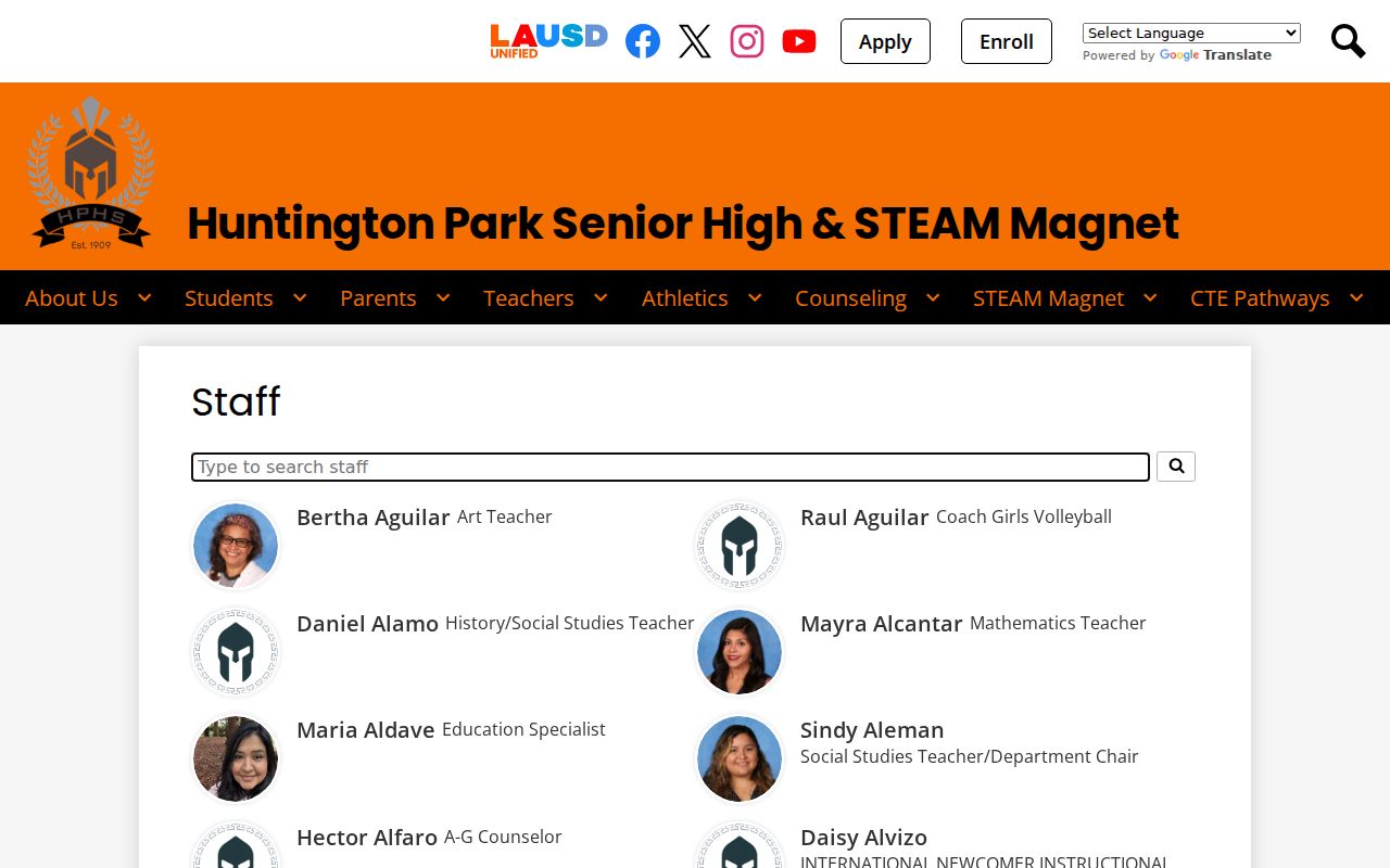 Huntington Park directory high school staff roster